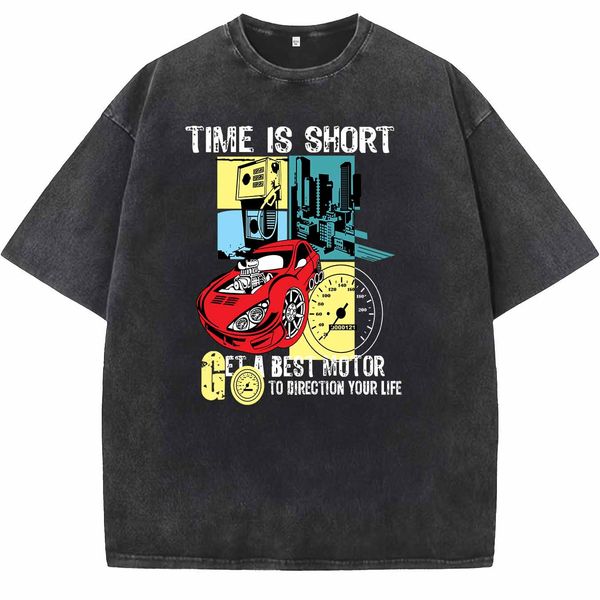 

Vintage Washed Oversized Sports Car Graphic T-Shirt, Men' Retro Time Is Short Streetwear Tee, Silver