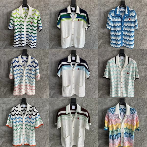 

2026 Casabalnc Summer New Designer Knit Woven Hollow-Out Striped Vintage Shirt for Men and Women Casual Loose T-Shirt Knitted Cardigan Short Sleeve Sweater Coat Tops, Lightyellow