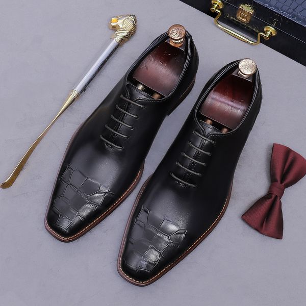 New Men's Leather Shoes Lace-Up Embossed Large Sizes Handcrafted European Style Full Grain Leather Oxfords