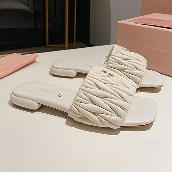 

Womens Summer Matelasse nappa leather slides metal lettering iconic refined textured leisure Kitten Heel sandals Ladies sexy Stiletto Heel sandals size 35 42, Flat heel#1