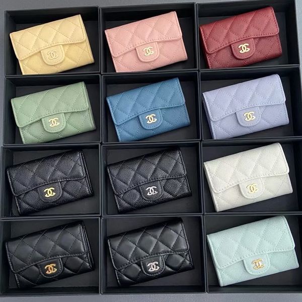 

Designer Wallet Black Caviar Leather Quilted Flap Wallet Designer Woman Card Holder with Gold Tone Complete with Original Box, Ch-13-11*8.5*3cm-sheepskin