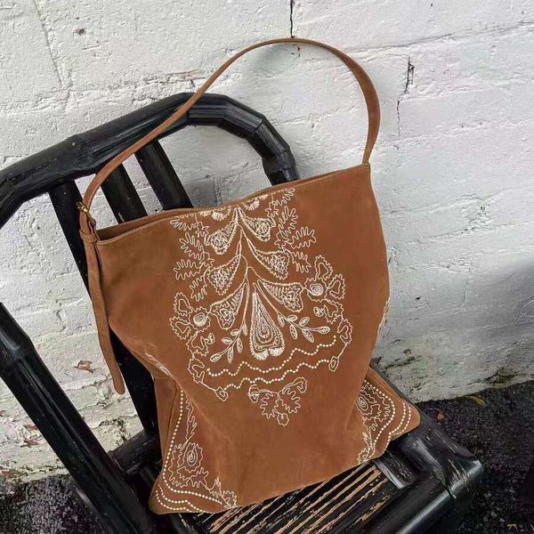 Western Style Tote Bag, Eco-Friendly Suede Shoulder Bag with Ethnic Embroidery, Vintage Bohemian Crochet Shopping Handbag