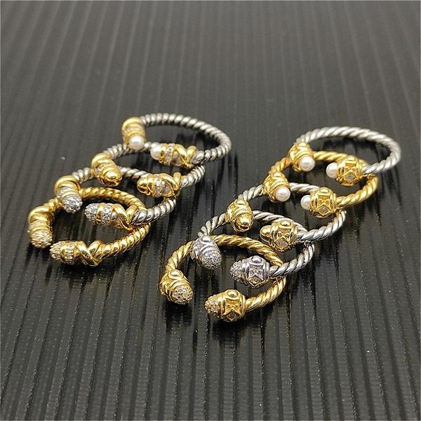 

Vintage Designer Ring Twisted Cable Ring Open Cuff Braided Ring 925 Silver Ring with Pearl Diamond Multi Layer Stackable Ring Unisex Fashion Jewelry