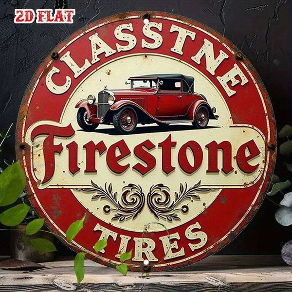 2D Flat 1pc Firestone Vintage Round Aluminum Sign, Automotive Tin Sign -Tires Rustic Metal Wall Art 26Y0413