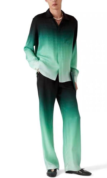

2026 Casabalnc High-Quality Designer Silk Retro Loose Straight-Leg Summer Thin All-Match Casual Pants New Unisex Fashion Print Long-Sleeve Cardigan Silk Shirt Top Set, Army green