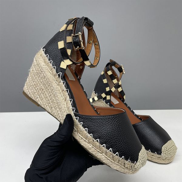 

designer wedges heels sandals espadrilles shoes leather heel wedding dress shoes women black 10.5 cm heel adjustable buckle no box 873, A2