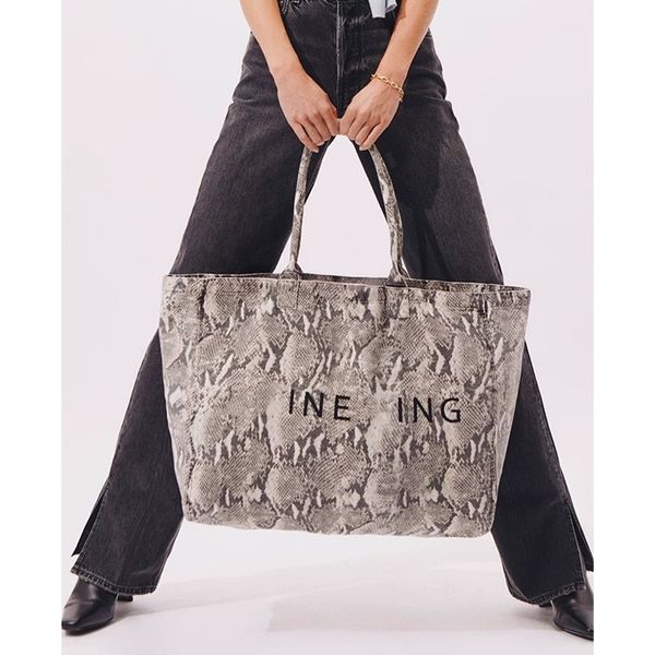 

26ss AB Canvas Tote Bags Women Snakeskin Printed Designer Shoulder Bag Large Capacity Casual Shopping Totes, Sky blue