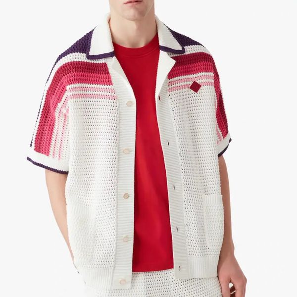 

26ss Casabalnc Top Quality Designer Retro Knit Shirts Men Classic Color-Blocked Textured Hand-Knitted Vacation Hawaiian Short-Sleeve Cardigan Casual Sweater Coats, Skyblue