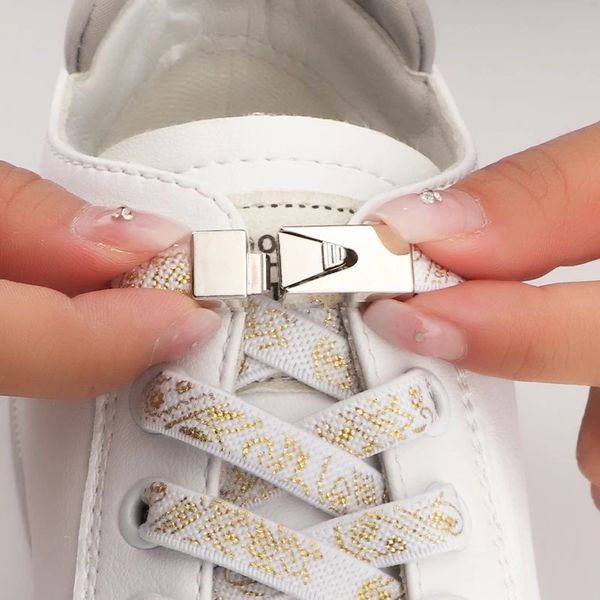 No Tie Elastic Shoelaces for Sneakers, Flat Tieless Laces with Metal Lock Closure