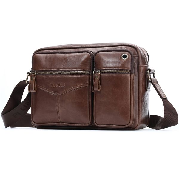 Brown Leather Crossbody Messenger Bag for Men, Genuine Leather Shoulder Bag with Zipper Closure, Adjustable Strap, Hip Hop Rock Style