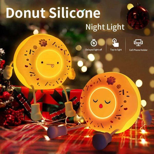 Cute Donut Silicone Night Light Cell Phone Holder Bedroom Decorative Lighting Decompression Ornament Cartoon Christmas Gift