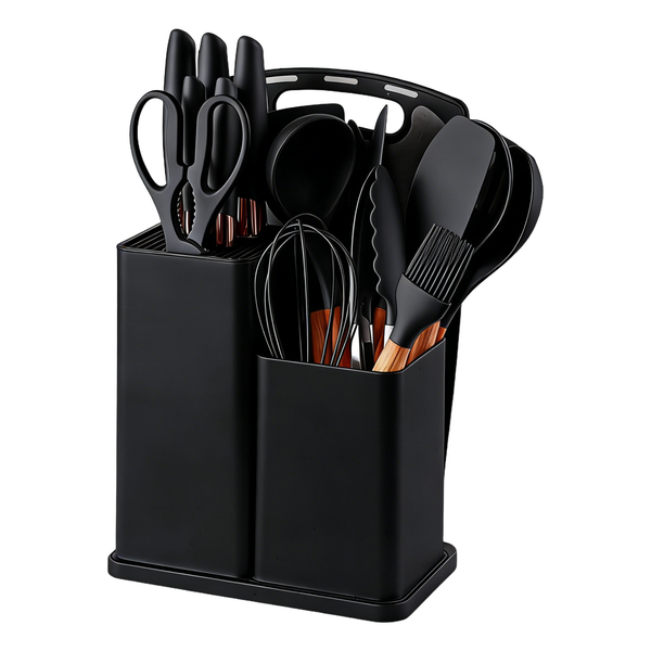 19 Piece Kitchen Utensil & Knife Set with Holder, Silicone Cooking Tools with Wooden Handle Heat Resistant for Nonstick Cookware Black