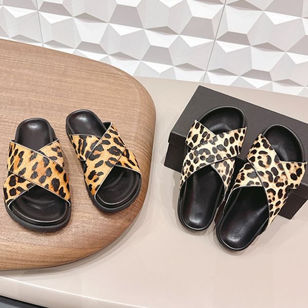 

Designer Slides Women Leopard Sandals Beach Slider Suede Animal Print Buckle Flat Slippers Elodie Cross Lug Sandal 1038, A1