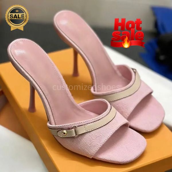 

Sandals pink heels gold heels designer heels Designer Kitten Heels Women Denim Heel TM 6AM Mule Pink Sandals High Leather Slippers Summer Fall Lady Low Heeled 35-42, Color 1