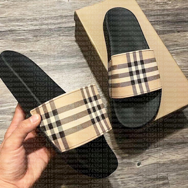 

Designer Check Slides Summer Beach Slippers Vintage Tartan Slider Men Women High Quality Luxury Sandals Archive Beige Print Embossed Slide, Color 12