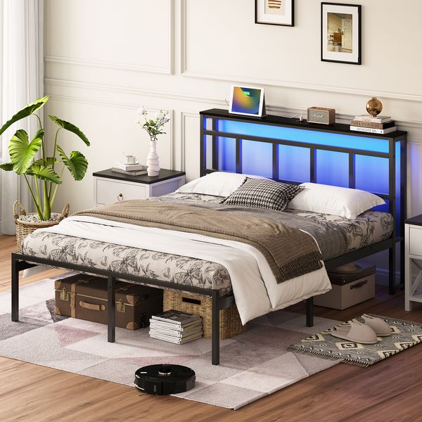14 Inch Twin/ Full/ Queen Bed Frame with Storage Headboard Metal Platform Bed Frame wit h USB-C Type-C and LED Light