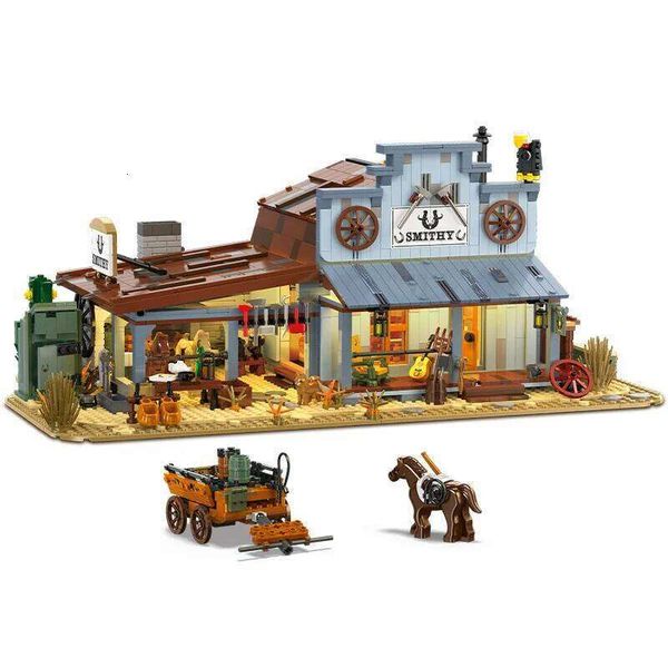Creative Architecture Western Blacksmith Shop Block Construction Building Brick House Street View Toys With Light For Gifts X260205