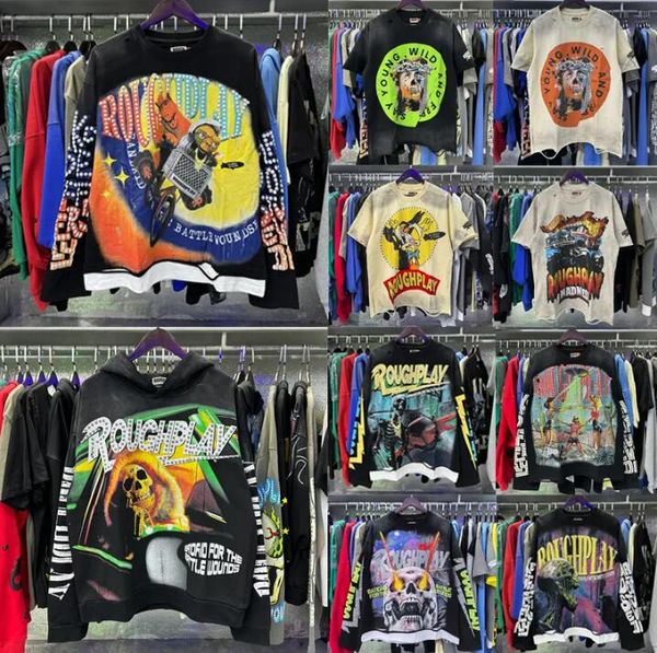 

Roughplays 2026 designer mens t-shirts hipster washed fabric tee graphic summer high street lettering foil print men women fashion loose fitting t shirt size s-xl, #-57