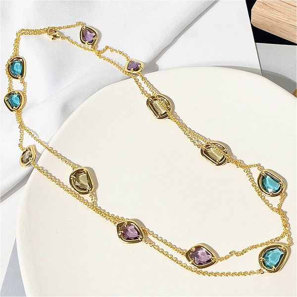 

Italian Style Colorful Irregular Faceted Crystal Long Pendant Necklace Matte Brushed Electroplated Copper Chain in Gold Silver Rose Gold