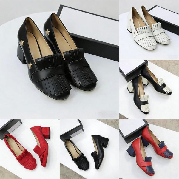 

Fashion Classic Mid heels boat shoe Designer Nude Dress shoes leather Thick heel high heels cowhide Tassels Round head Metal Button women Dress shoes 35-42, Color#1
