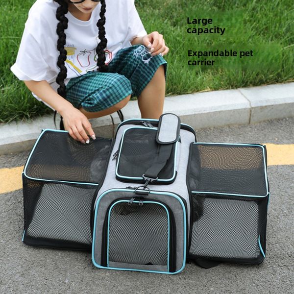 

Expandable Cat Carrier Backpack Large Capacity Foldable Pet Bag with Shoulder Strap for Travel and Outings, 4404 gray and blue