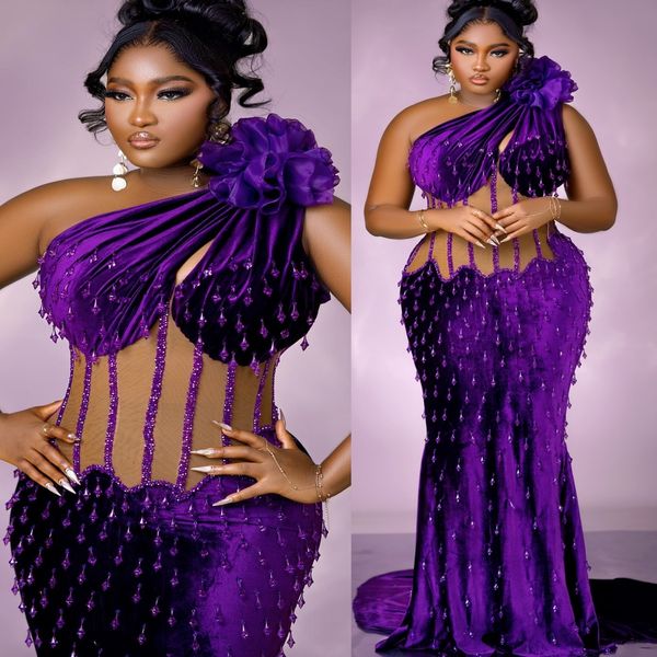 

Aso Ebi Purple Mermaid Prom Dresses 2026 One Shoulder Rhinestones Velvet Evening Formal Party Second Birthday Engagement Gowns Dress For Special Occasions, Water melon