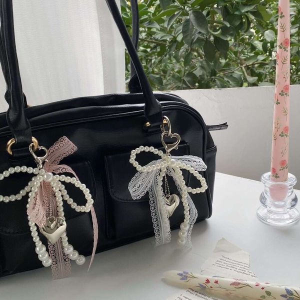 Girly Lace Pearl Bow Bag Ins Style Keychain Airpods Accessory Heart Pendant