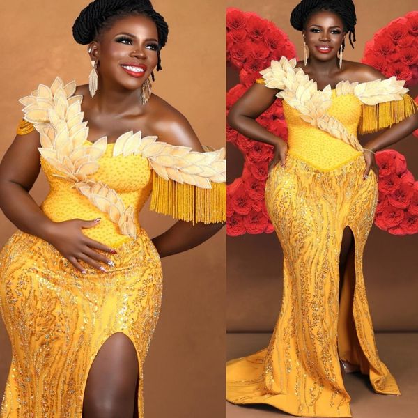 

Aso Ebi Yellow Mermaid Prom Dresses 2026 Tassels Florals Beaded High Split Evening Formal Party Second Birthday Engagement Gowns Dress For Special Occasions, Same as picture