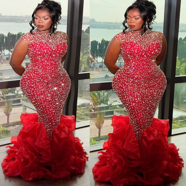 

Aso Ebi Red Mermaid Prom Dresses 2026 Ctystals Beaded Tiers Sheer Neck Evening Formal Party Second Birthday Engagement Gowns Dress For Special Occasions, Same as picture