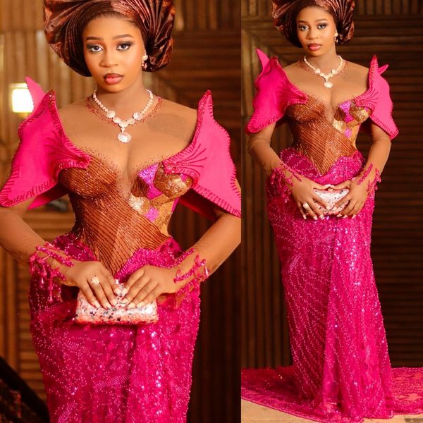 

Aso Ebi Pink Fuchsia Sheath Prom Dresses 2026 Florals Beaded Sequined Evening Formal Party Second Birthday Engagement Gowns Dress For Special Occasions, Light yellow
