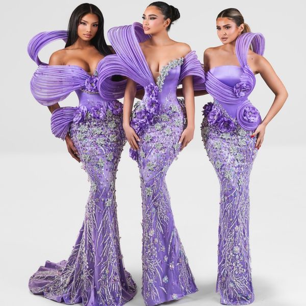 

Aso Ebi Lilac Mermaid Prom Dresses 2026 Flowers Crystals Sequined Evening Formal Party Second Birthday Engagement Gowns Dress For Special Occasions, White
