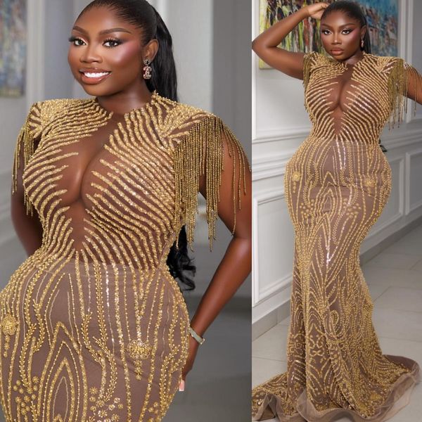 

Aso Ebi Gold Mermaid Prom Dresses 2026 Illusion Beadings Sheer Neck Evening Formal Party Second Birthday Engagement Gowns Dress For Special Occasions, Same as picture