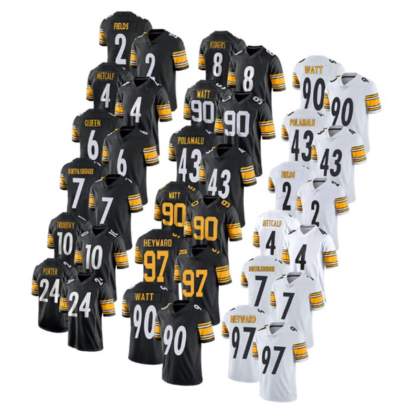 

Custom Steelerss Jerseys Men Women Youth 97 HEYWARD 90 WATT 43 POLAMALU 39 FITZOATRICK 36 BETTIS 24 PORTER 2 FIELDS 3 WILSON 6 QUEEN 10 TRUBISKY S-XXXL, Black white