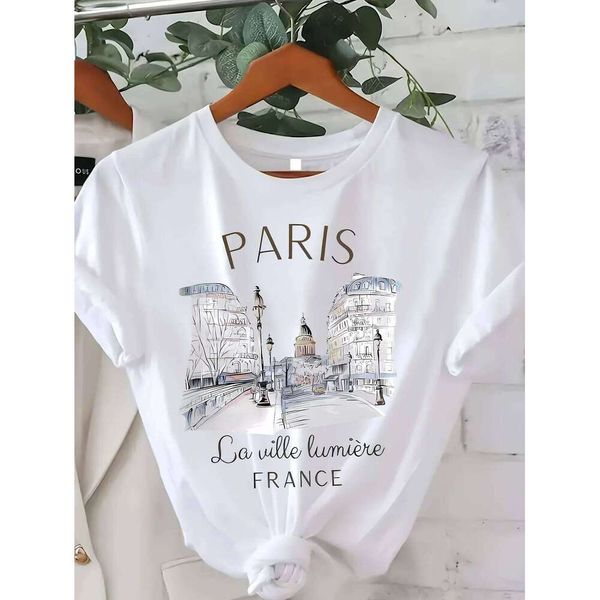 90s T Shirt Paris Women Print T-shirt Short Sleeve Crew Neck Casual Top for Summer Spring Women's Clothing H260225