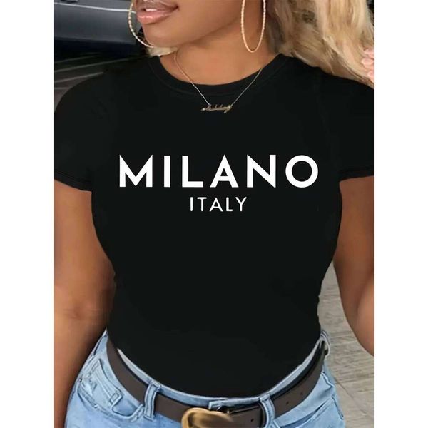 Milano Letter Print Crew Neck Casual Short Sleeve T-Shirt for Spring & Summer Women's Clothing Graphic T Shirts Y2k Top C260226