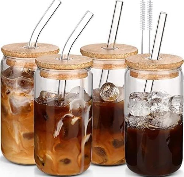 Glass Cups with Lids and Straws 16oz Drinking Glasses Set for Coffee Bar Accessories Iced Coffee Cups with Lids Matcha Cup Glass Tumbler Reusable for Gifts