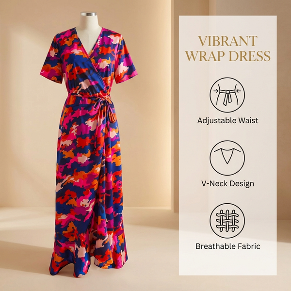 

Colorful Abstract Print Wrap Midi Dress | Short Sleeve V Neck Tie Waist Dress, Contrast color