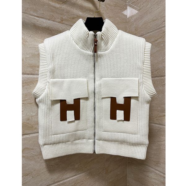 Fashion 2026 Luxury Brand Women's Leather Pocket Patchwork Vests Stand collar Zip up Loose Knitted Jacket Women Sleeveless Designer Street Wear Coats