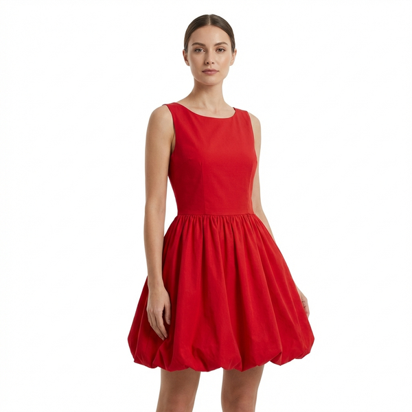 

Women's Red Sleeveless Puff Dress - Classic Round Neck, Flattering Fit for Summer Cocktail