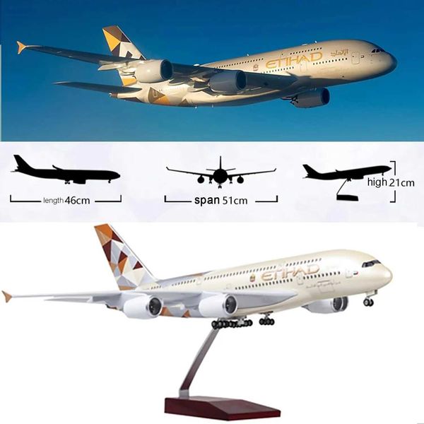 A380 Etihad Airways Aircraft Model 1160 Scale Resin Static Display with Voice-Control Lights Removable WheelsCollectible Aviati L260603N8BI