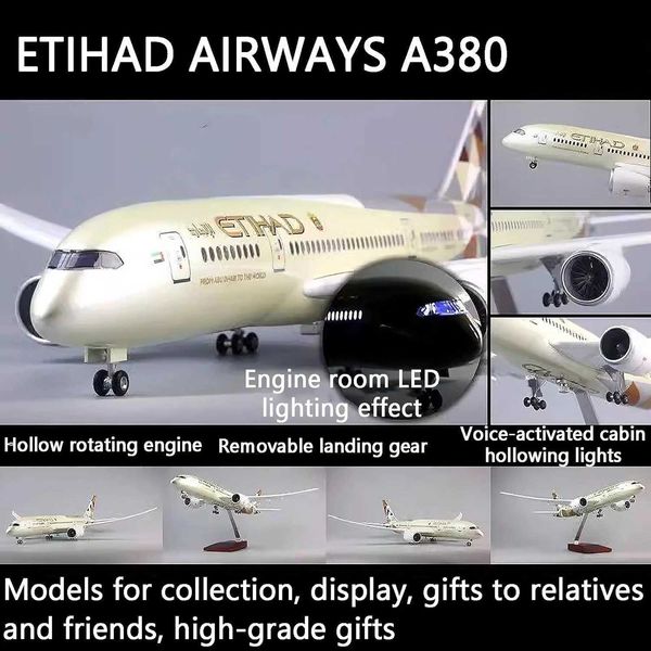 A380 Etihad 47CM Scale Aircraft Model for Airbus Airplane 380 Die-cast Resin Toy Collection Display Business with L260603YHKC