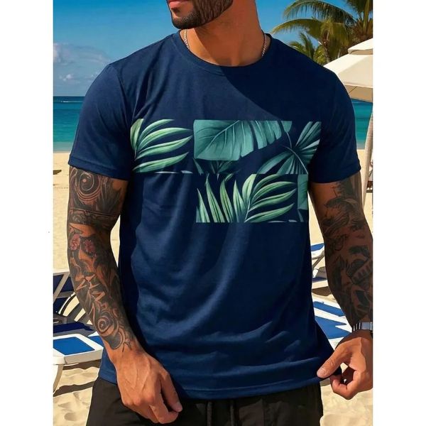 Chic Navy Blue Palm Leaf Tee for Effortless Casual Style