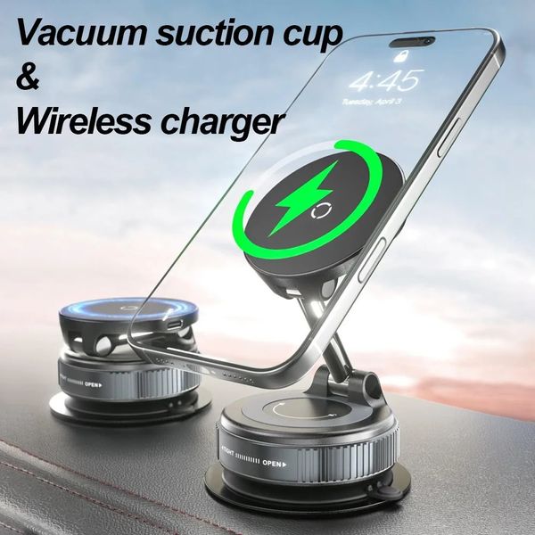 Car Magnetic Wireless Charger Phone Holder 360 Rotation Vacuum Suction Cup Stand For iPhone 16 15 14 13 12 Fast Charging Dock 260530