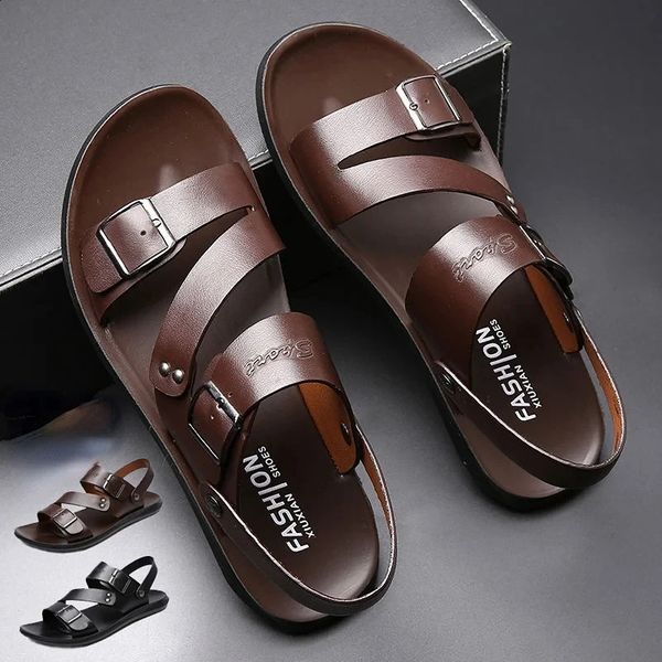 Fashion Sandals Male Solid Color PU Leather Men Shoes Summer Comfortable Open Toe Leather Mens Sandals Beach Leather Footwear 260610