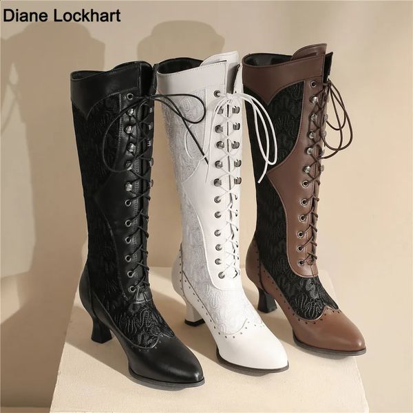 Women Victorian Pointed Toe Mid-Calf Boots Leather Lace Hollow Out Punk Lace Up Strange Steampunk High Heel Shoes Plus Size32-43 260610