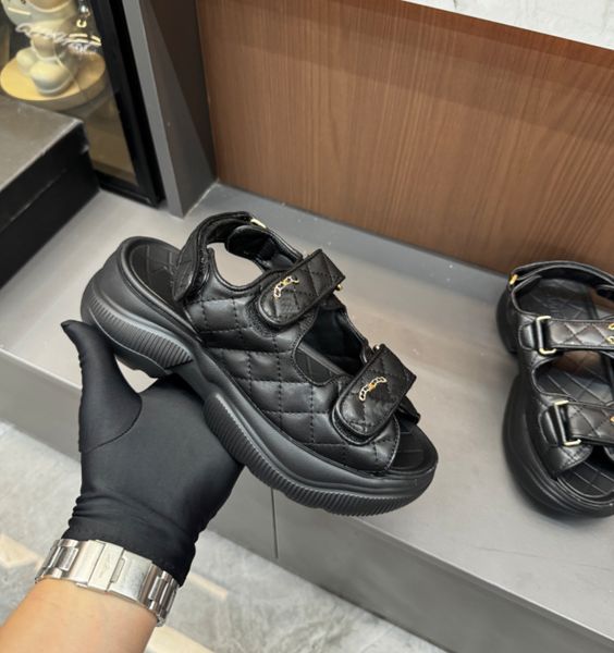 2026 Luxury Style Quilted Double Strap Sandals for Women Summer Genuine Leather Velcro Flats Outdoor Walking Shoes Black 35-42