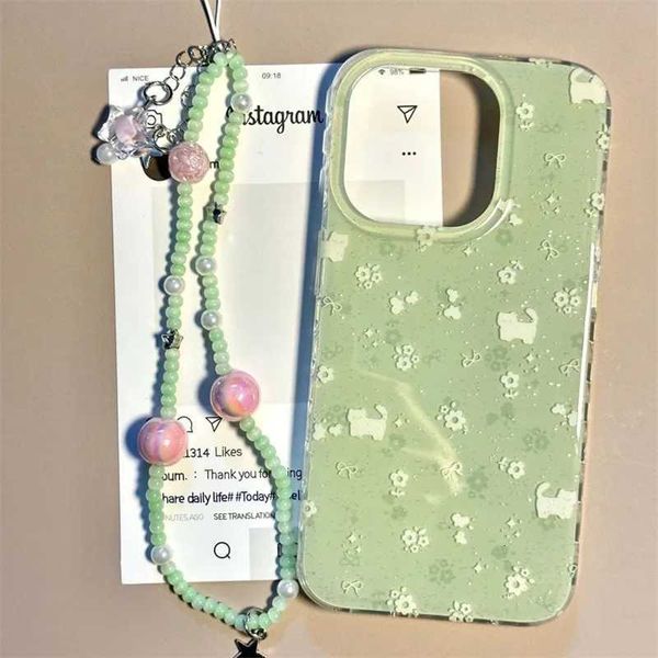Crystal transparent white light IND matcha green floral cat phone case with bead chain for iPhone 11 12 13 14 15 16 17 Pro max J260618