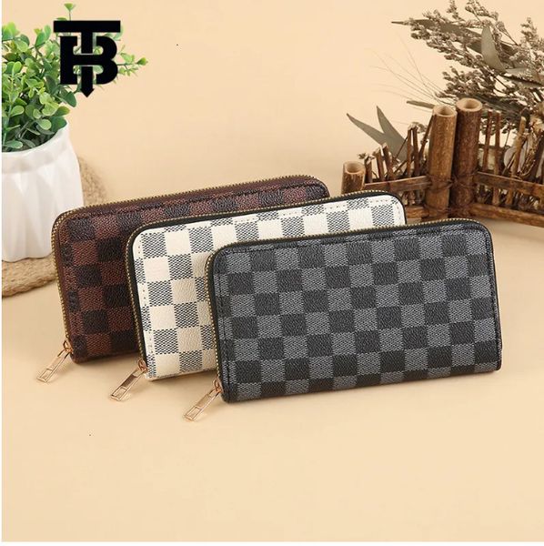 High Quality Genuine Leather Wallet Designer Embossed Flower Zipper Long Purse Checked Pattern Wallet For Men Ladies