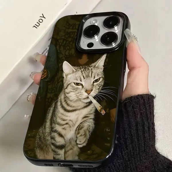 Cat Stylish Smoking Pattern Black Phone Case For iPhone Air 16 15 14 13 12 11 17 Pro Max X XS XR 7 8 Plus SE2 Soft Back Cover D260622