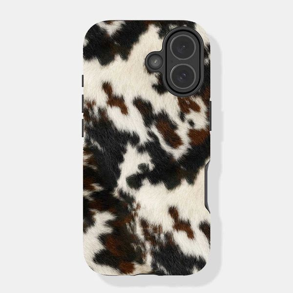 Clmj Luxury Cow Print Brown Black Phone Case for iPhone 17 16e 16 15 14 13 12 11 X XS XR XSMAX 7 8 Air Pro Max Plus Double layer D260624